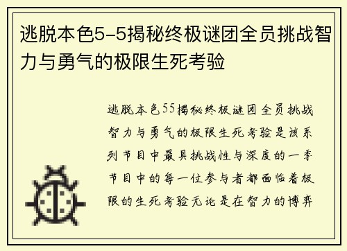 逃脱本色5-5揭秘终极谜团全员挑战智力与勇气的极限生死考验